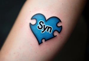 A puzzle piece in bright blue labeled “Syn,” fitted perfectly into a black outline of a heart. tattoo idea