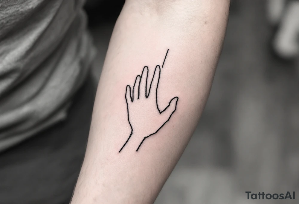 Minimalistic black line tattoo of a simple hand outline reaching toward a thin ray of light, clean and abstract design tattoo idea