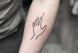 Minimalistic black line tattoo of a simple hand outline reaching toward a thin ray of light, clean and abstract design tattoo idea