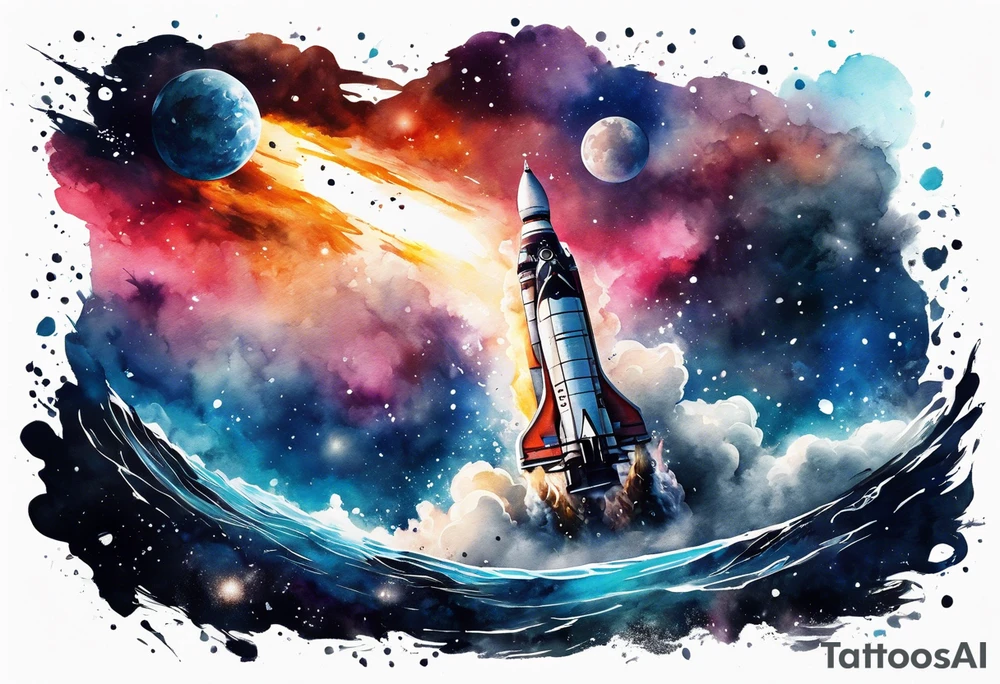 Apollo rocket blasting through deep space with subtle water colours and darkness with fade out tattoo idea