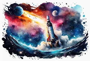Apollo rocket blasting through deep space with subtle water colours and darkness with fade out tattoo idea