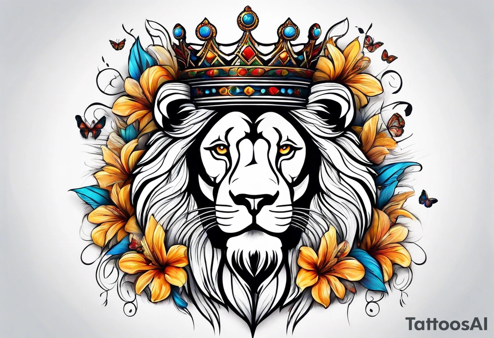 lion covered in lilies butterflies crown mane made of feathers tattoo idea