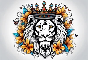 lion covered in lilies butterflies crown mane made of feathers tattoo idea