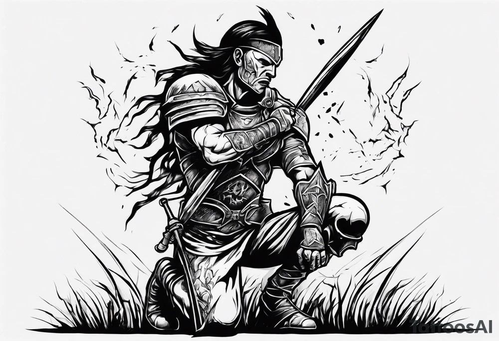 Warrior kneeling upon a field of fallen enemies tattoo idea Warrior kneeling upon a field of fallen enemies tattoo idea