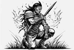 Warrior kneeling upon a field of fallen enemies tattoo idea
