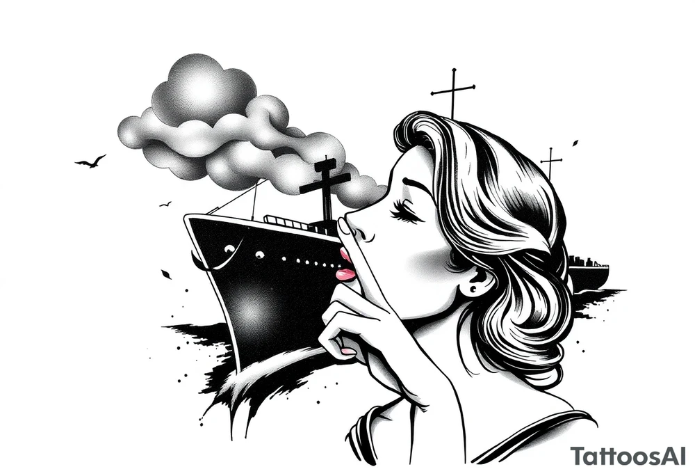 Modernised representation of war propaganda: Loose lips sink ships. Must include ship and a woman with her finger to her lips tattoo idea