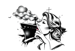 Modernised representation of war propaganda: Loose lips sink ships. Must include ship and a woman with her finger to her lips tattoo idea