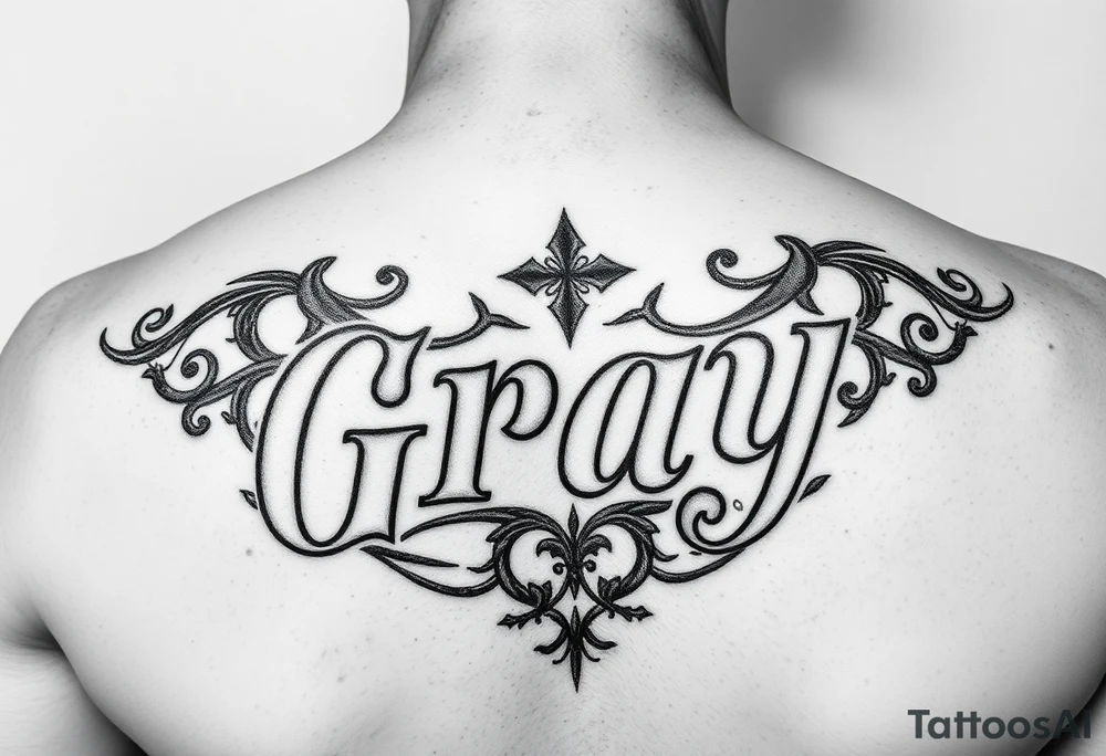 Tattoo design with the concept of our last name "Gray" with all our first names incorporated into it. Bradley, Ashleigh, Penelope, Lennon. tattoo idea