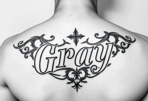 Tattoo design with the concept of our last name "Gray" with all our first names incorporated into it. Bradley, Ashleigh, Penelope, Lennon. tattoo idea