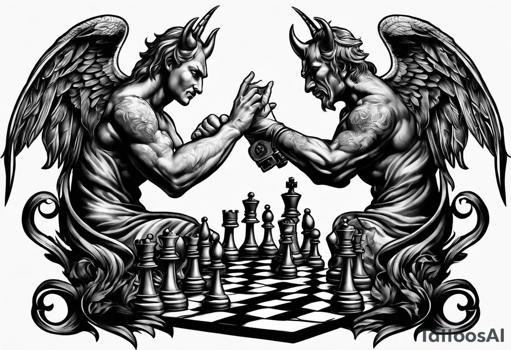 reaching devil and angel hands playing chess tattoo idea