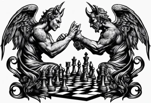 reaching devil and angel hands playing chess tattoo idea