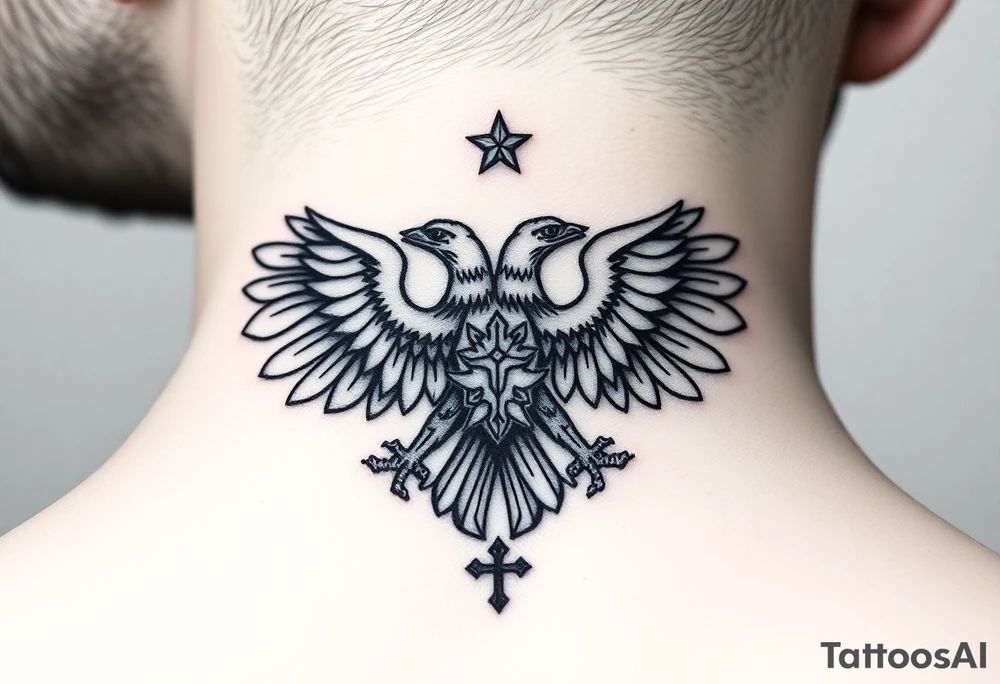 Double-headed eagle outline only (no shading) — suits neck skin which ages differently
Star above, small orthodox cross below tattoo idea