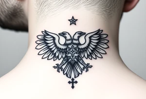 Double-headed eagle outline only (no shading) — suits neck skin which ages differently
Star above, small orthodox cross below tattoo idea