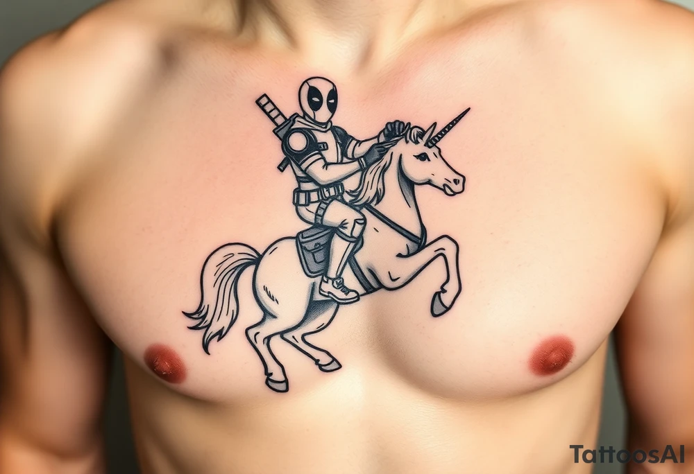 Deadpool riding unicorn with Russian RPG tattoo idea