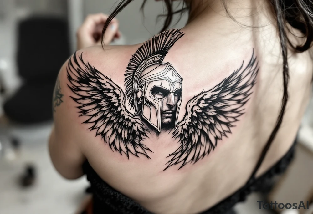 forearm tattoo of a spartan warrior with angel wings tattoo idea