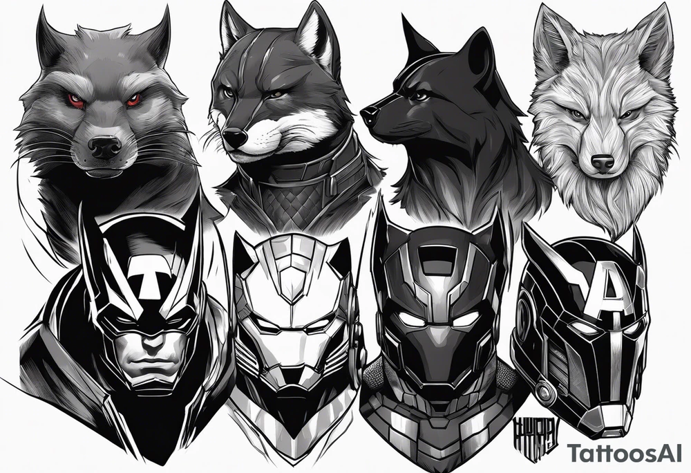 I want to change Avengers characters with animals. Hulk will be Badger, Thor will be Alpha Grey Wolf, Captain America will be Bull, Iron Man will be Canary, Black Widow will be Axolotl, Hawk Eye will be Sudan Plated Lizard and Nick Fury will be Cat. tattoo idea