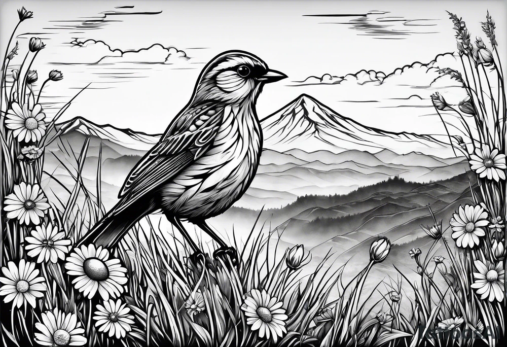 Small bird in field of grass and daisys Mountain View in distance tattoo idea