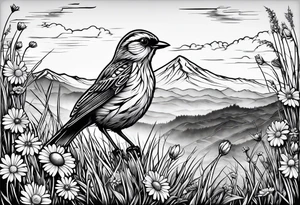 Small bird in field of grass and daisys Mountain View in distance tattoo idea