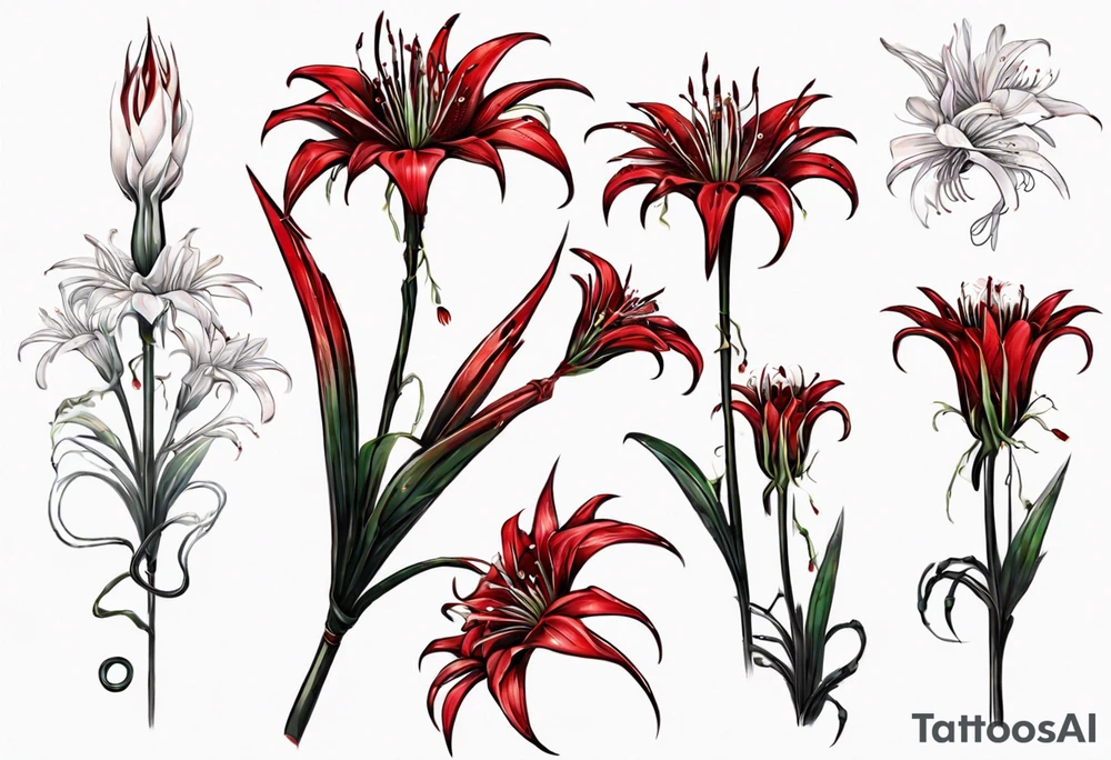 Red spiked spider lily with snake wrapped around stem of the flower. tattoo idea