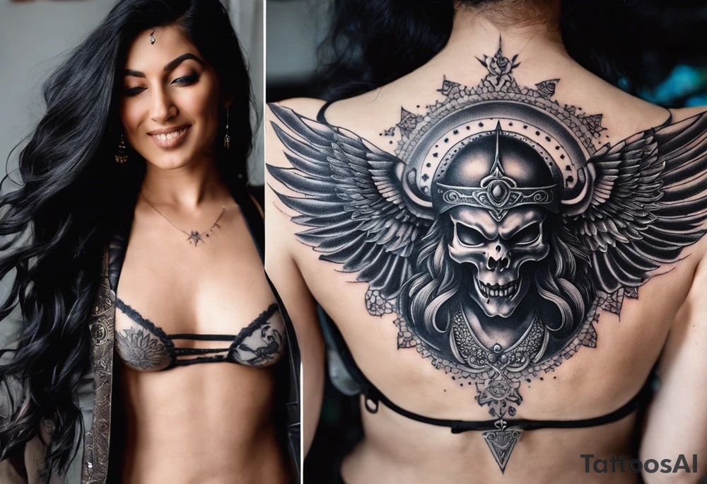black kali, goddess pirate, alien, angel, pachamama, valkrye, warrior, flying, skull, lotus azul, wing, eagle, zenza resonance, stars, 5D, anahata chakra, death, durga, riding on a tiger, flying lady, chest tatoo tattoo idea