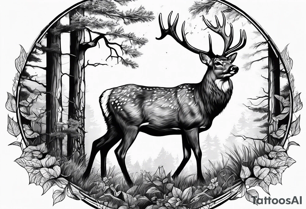Deer in wood with big rack tattoo idea