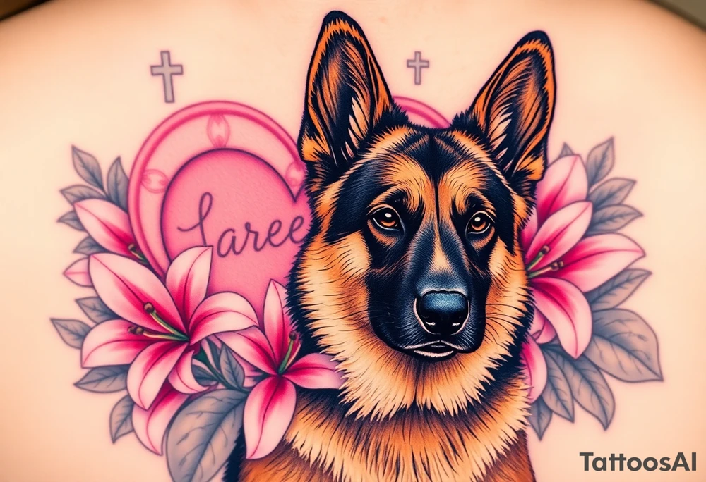 realistic german shepherd with alert ears looking protective surrounded by pink lilies with leaves in front of a sacred heart tattoo idea