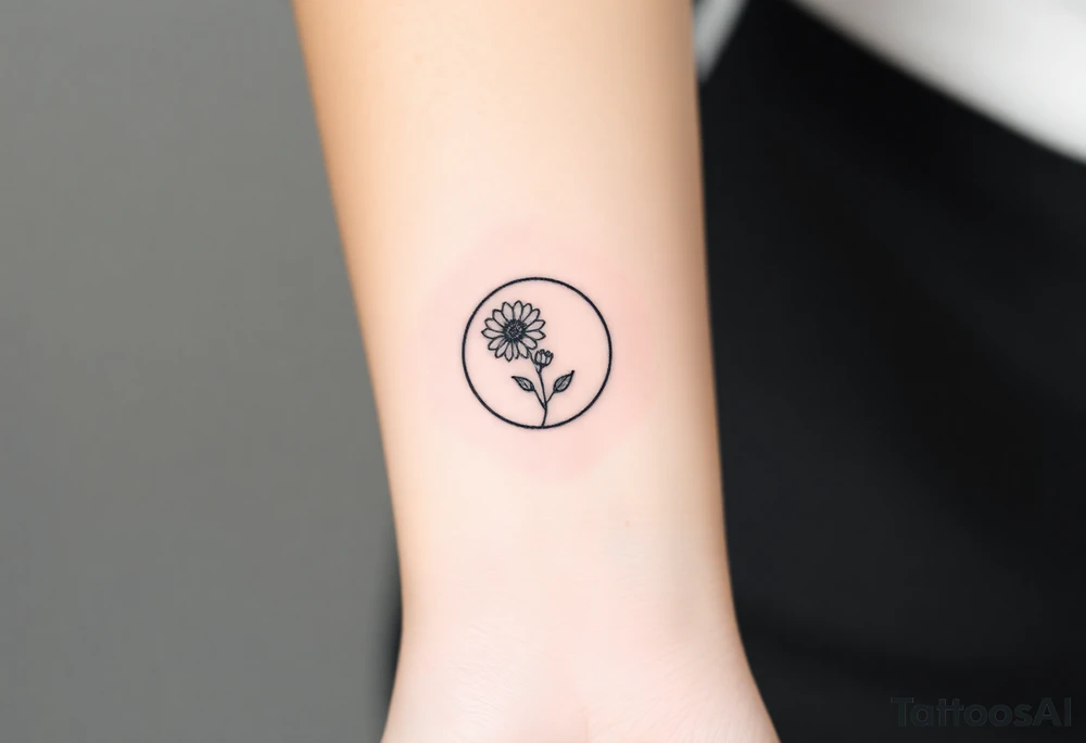 Small black and white tattoo full moon with small chrysanthemum birth flower AND tiny scorpio gliph inside moon tattoo idea