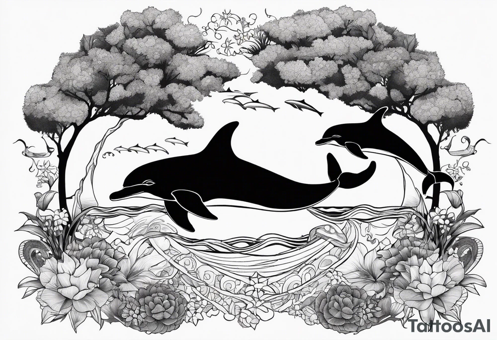 Dolphins beach ocean flowers trees turtles tattoo idea