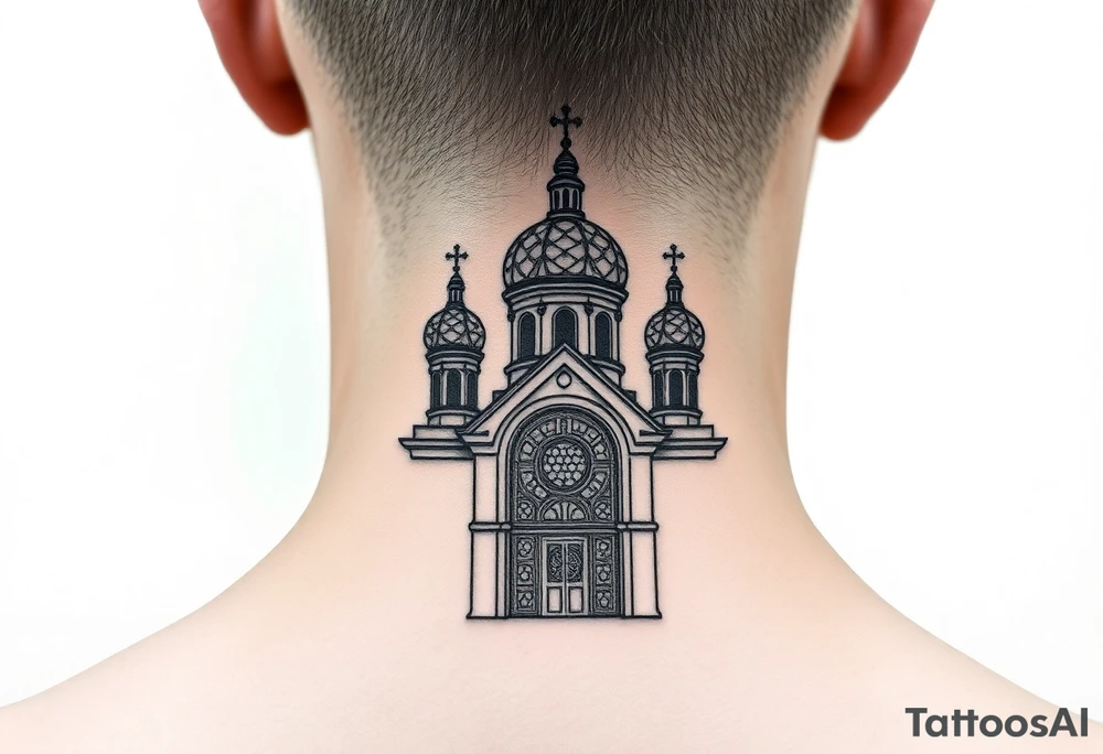 medium sized Russian orthodox church with bulb domes with a prominent russian orthodox mosaic tattoo idea