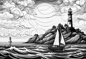 phare maritime dans un bateau a voiles vu du devant. tattoo idea