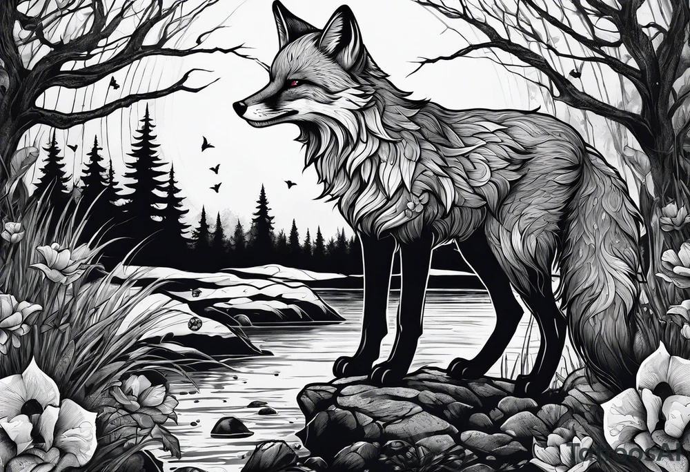 Creepy evil fox in skulls swamp tattoo idea