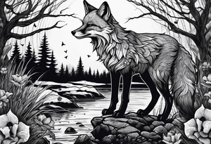 Creepy evil fox in skulls swamp tattoo idea