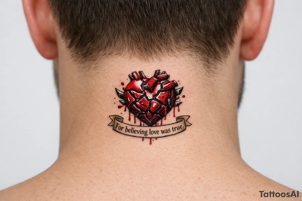 Fragmented anatomical heart broken and bleeding. “For believing love was true” tattoo idea
