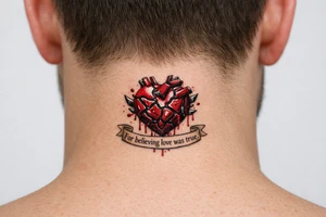 Fragmented anatomical heart broken and bleeding. “For believing love was true” tattoo idea