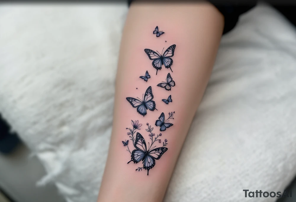 Tattoo of about 10 butterflies that look realistic and different sizes spaced out with some flower or vine tattoo idea