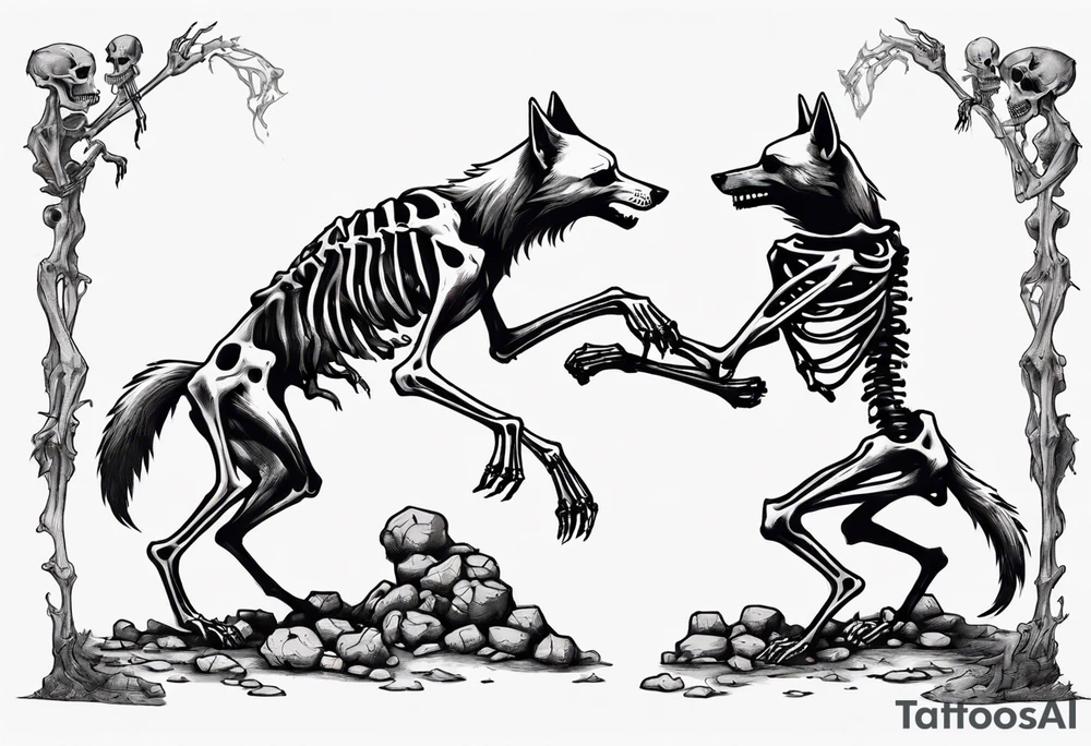 two wolf skeletons dancing on a pile of bones tattoo idea two wolf skeletons dancing on a pile of bones tattoo idea