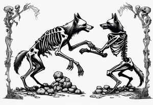two wolf skeletons dancing on a pile of bones tattoo idea