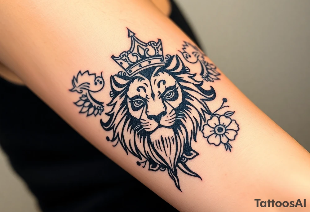powerful majestic lion with a crown, surrounded by floral ornaments and birds tattoo idea