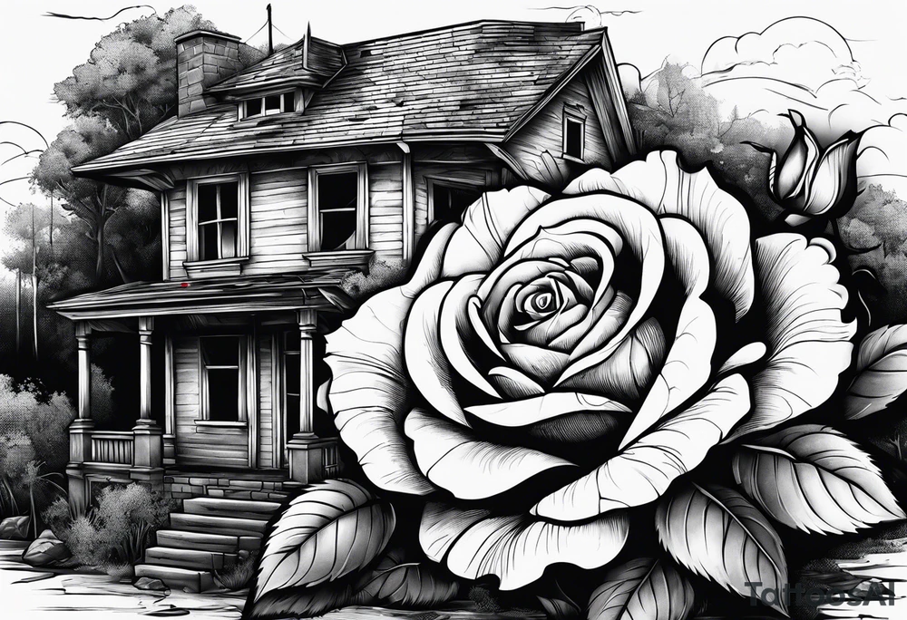 abandoned old house, broken sword, roses, тату рукав tattoo idea