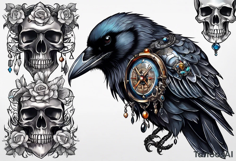 Crow with skull and shiny trinkets tattoo idea