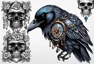 Crow with skull and shiny trinkets tattoo idea