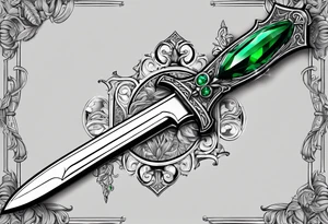 An athame dagger with an oak hilt turned upright and emerald gemstones on it tattoo idea