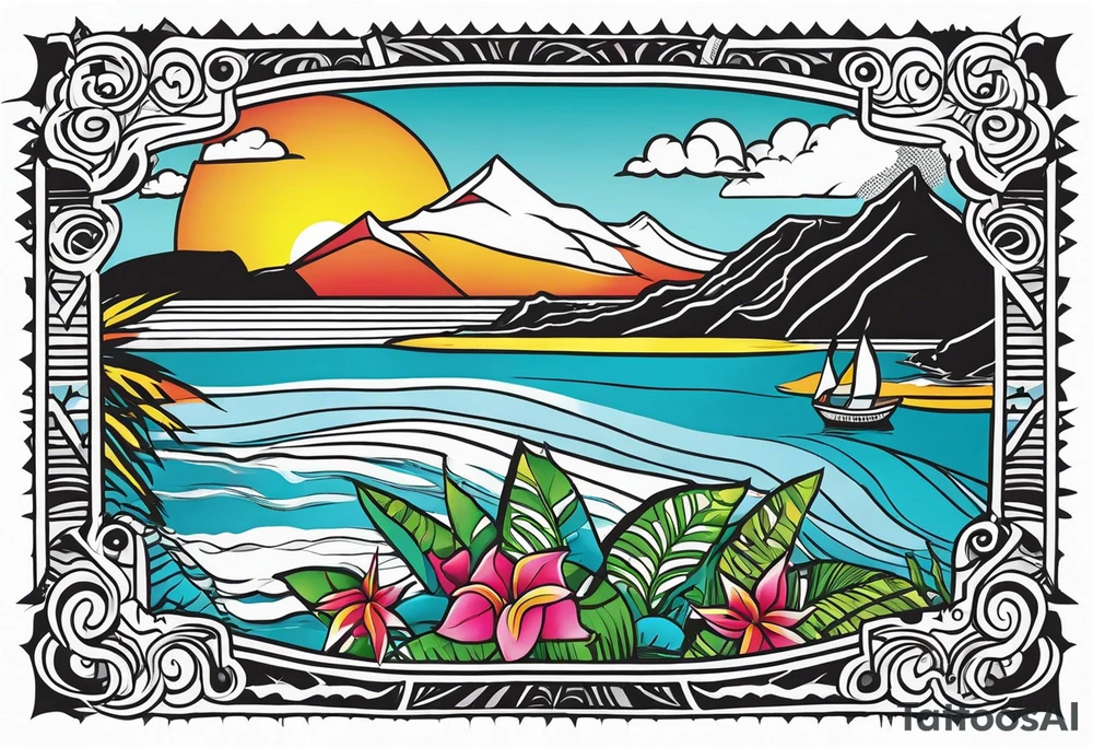 Map of the eastern Caribbean islands with an ocean view of the island mountains across the sea in the background tattoo idea
