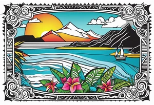 Map of the eastern Caribbean islands with an ocean view of the island mountains across the sea in the background tattoo idea