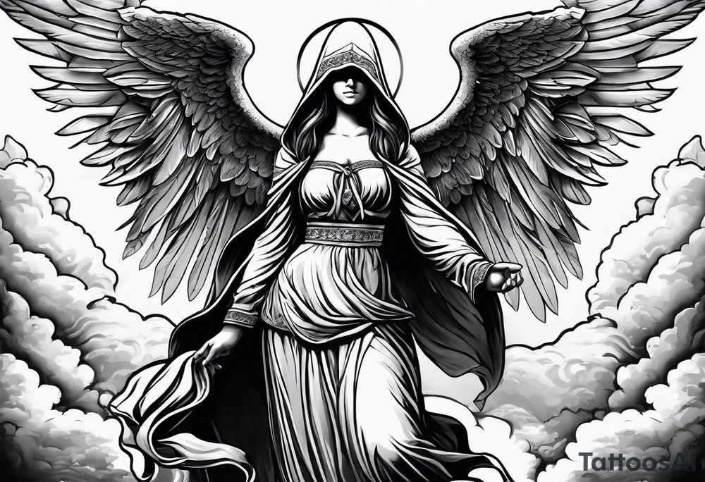 one big hooded angel with 3 angels flying in the back with shading and clouds tattoo idea