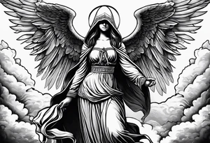 one big hooded angel with 3 angels flying in the back with shading and clouds tattoo idea