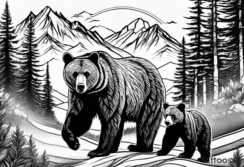 mamma bear and cub with mountains tattoo idea