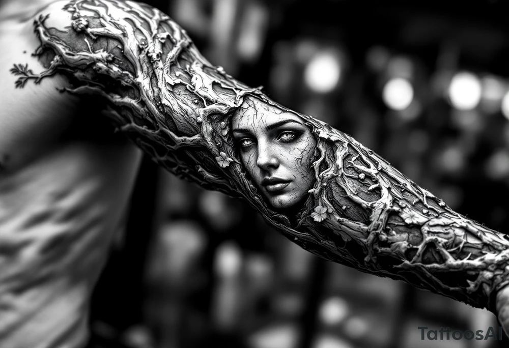 Entire arm tattooed like tree bark with face carved into it tattoo idea