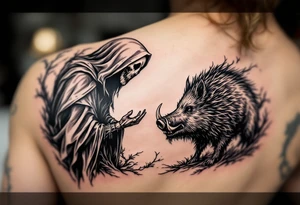 Grim reaper looking down on a hunting dog sending in a big feral boar saying ‘your time has come’ tattoo idea