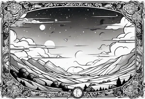 I want a arm sleeve where the sky is the background like the Calvin and Hobbes picture of them looking up at the sky tattoo idea